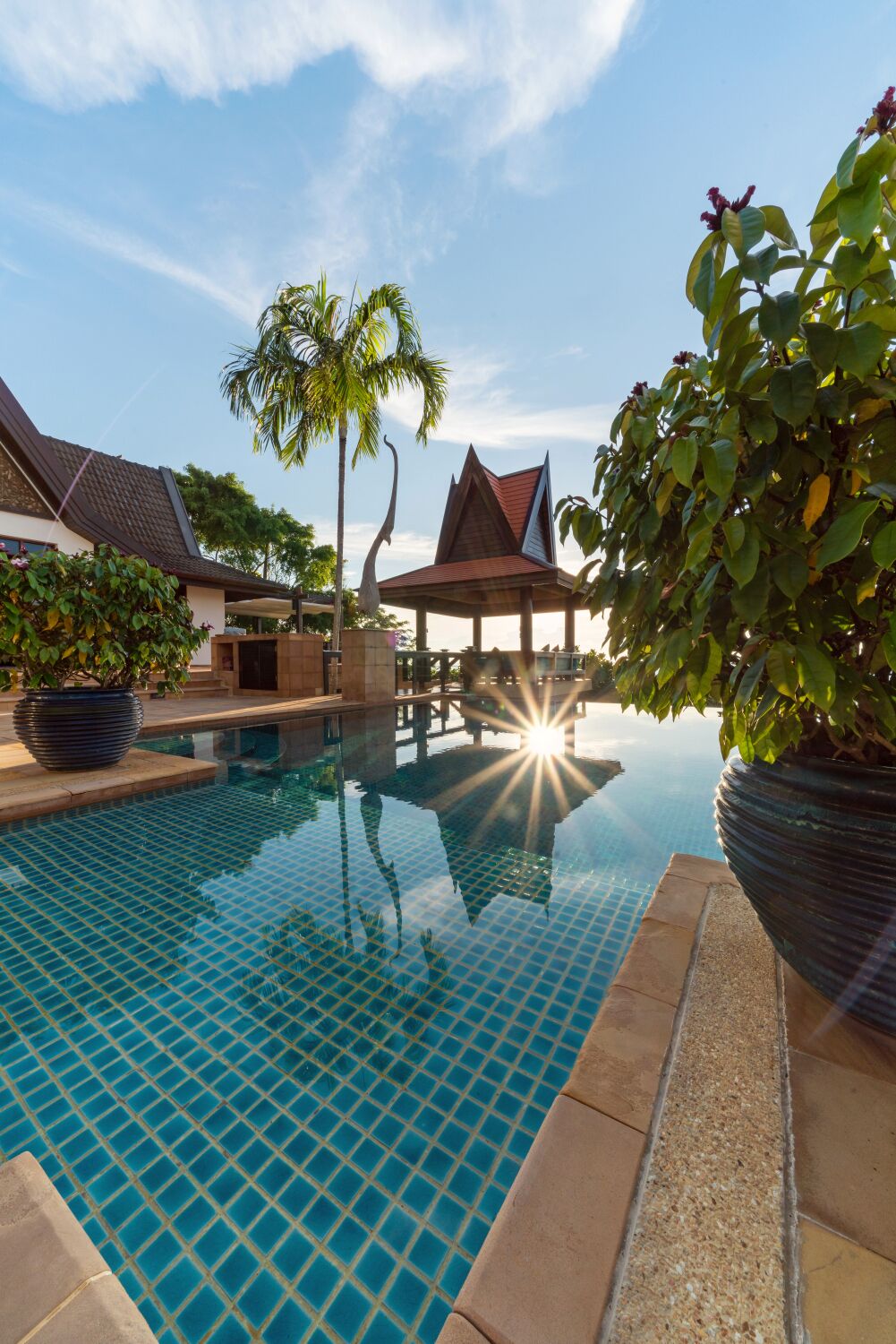 A swimming pool with tiled flooring, surrounded by potted plants and a building with a sloped roof.