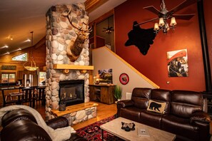 Smart TV, fireplace, foosball