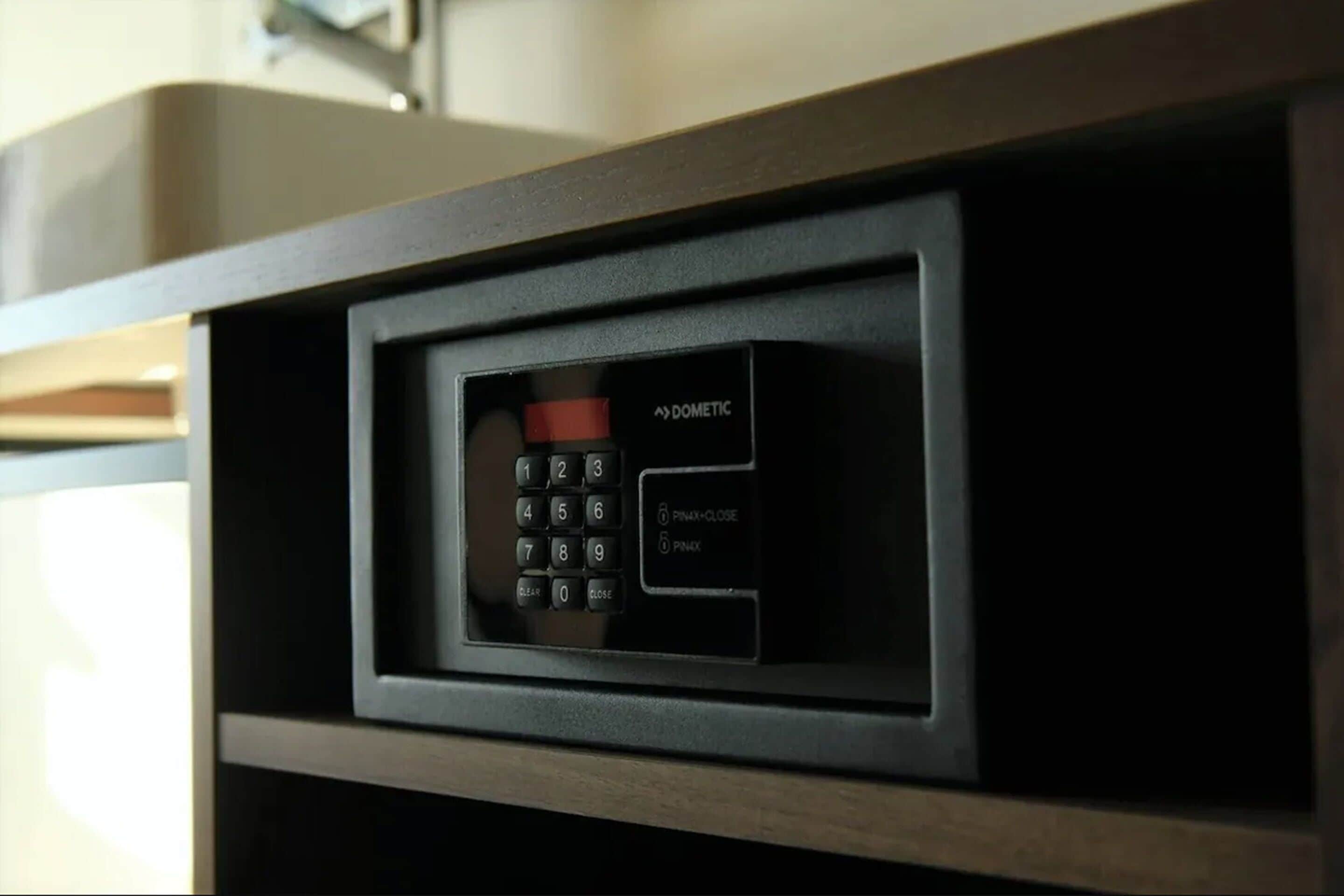A secure, modern lock mechanism with a keypad and PIN options, indicating a focus on guest security.