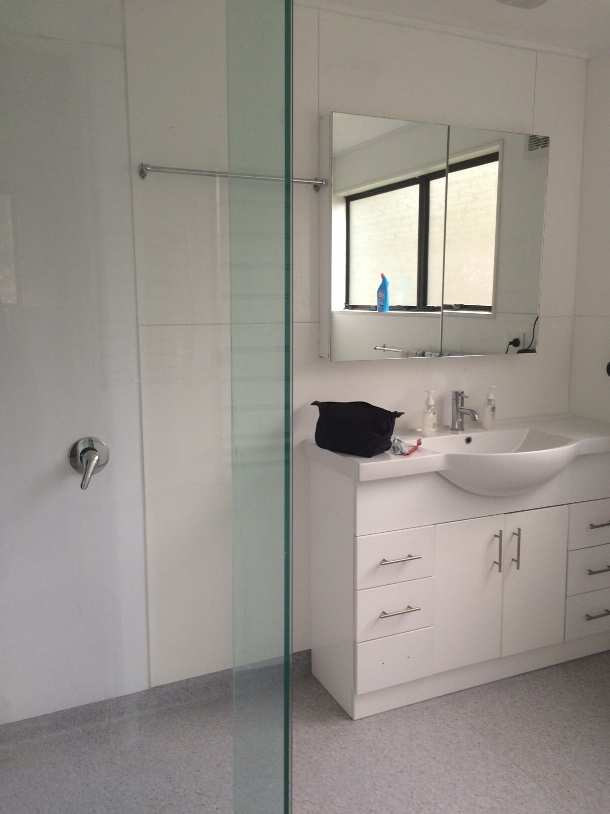 Shower, hair dryer, towels, toilet paper