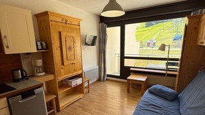 Un espacio habitable pequeño con kitchenette, un sofá, un televisor y una ventana con vistas a un paisaje verde.