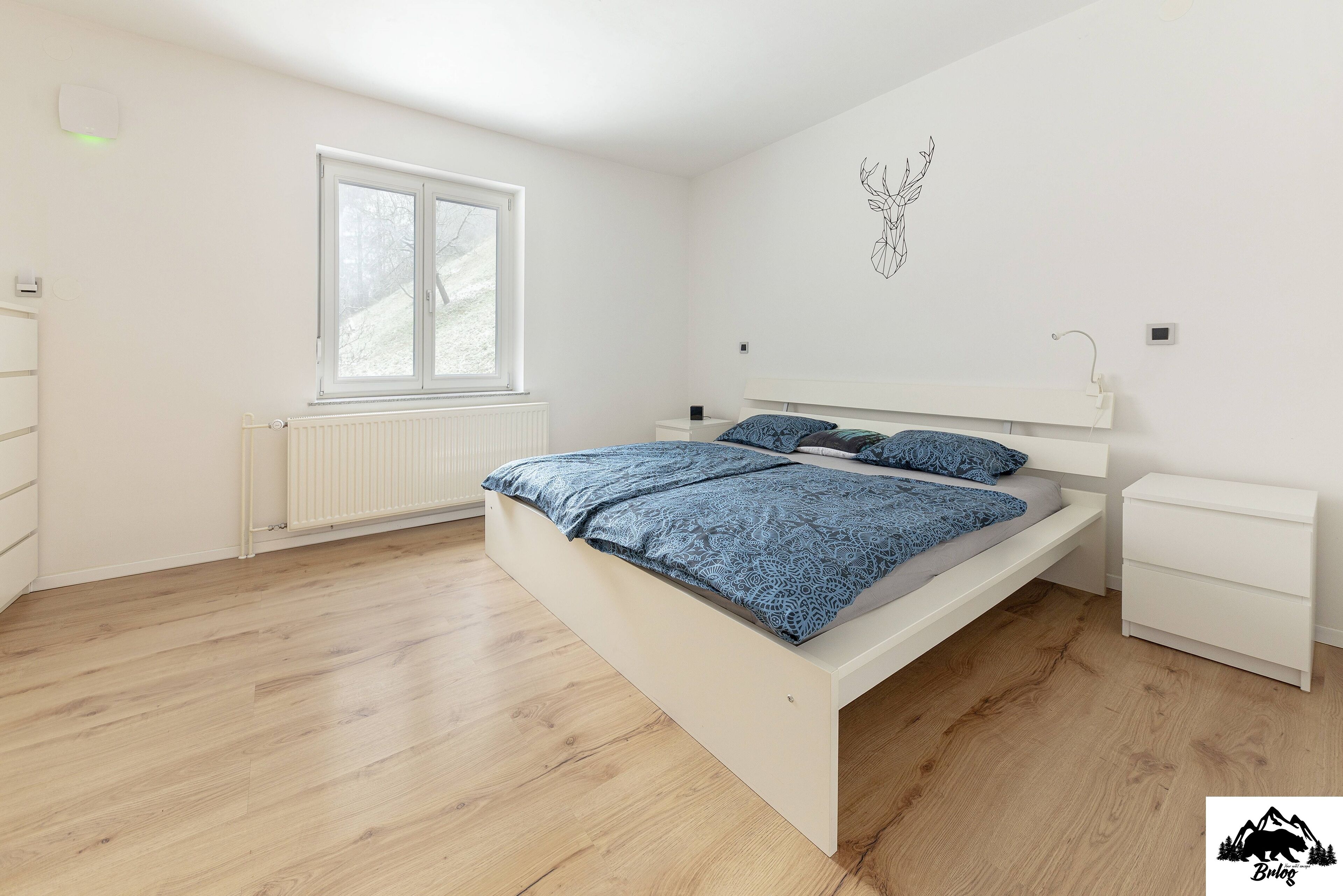 Une chambre à coucher avec un lit, une fenêtre, un radiateur et un élément décoratif mural.