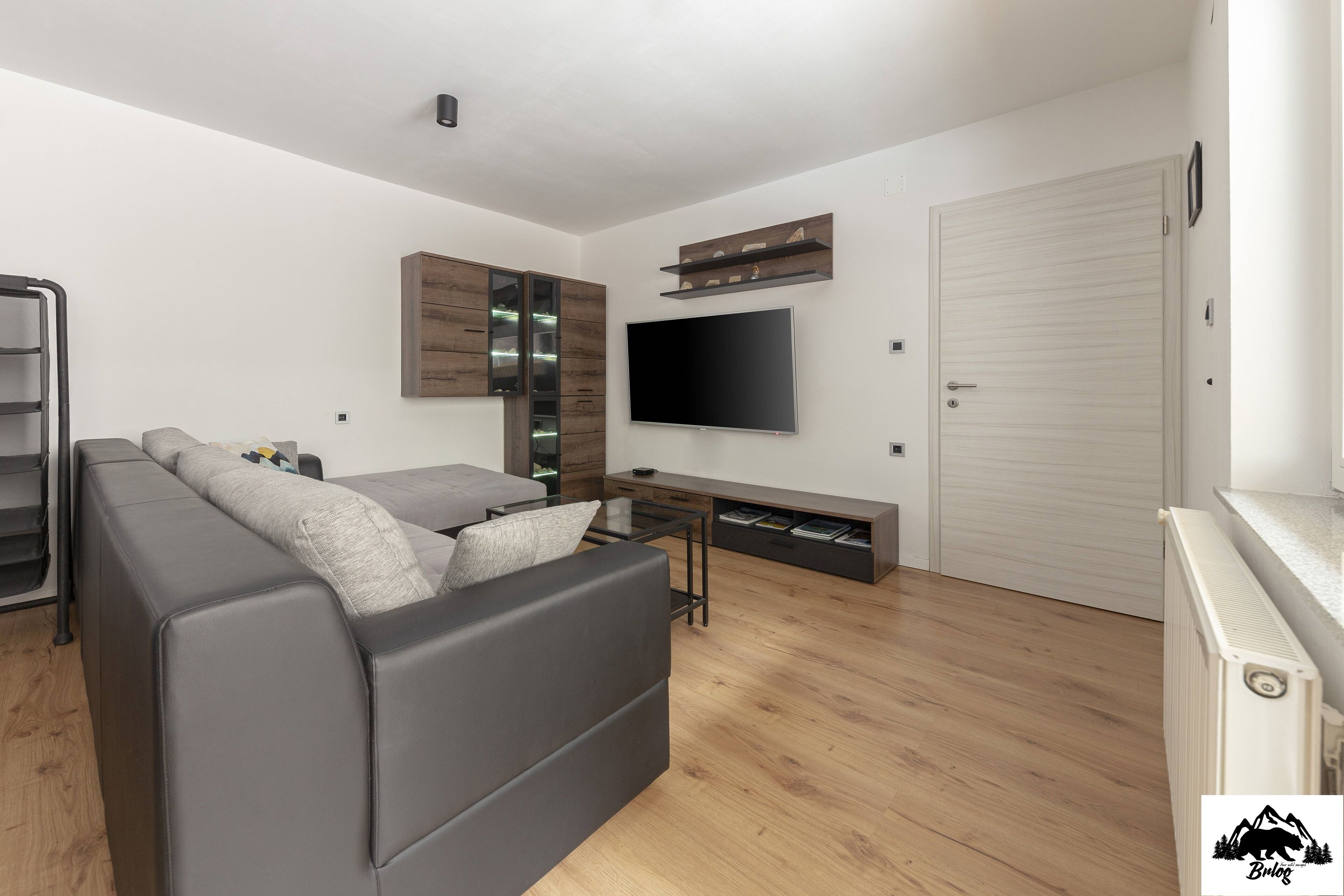 A modern living room with a grey sofa, wooden cabinets, a flat-screen TV, and a white door.