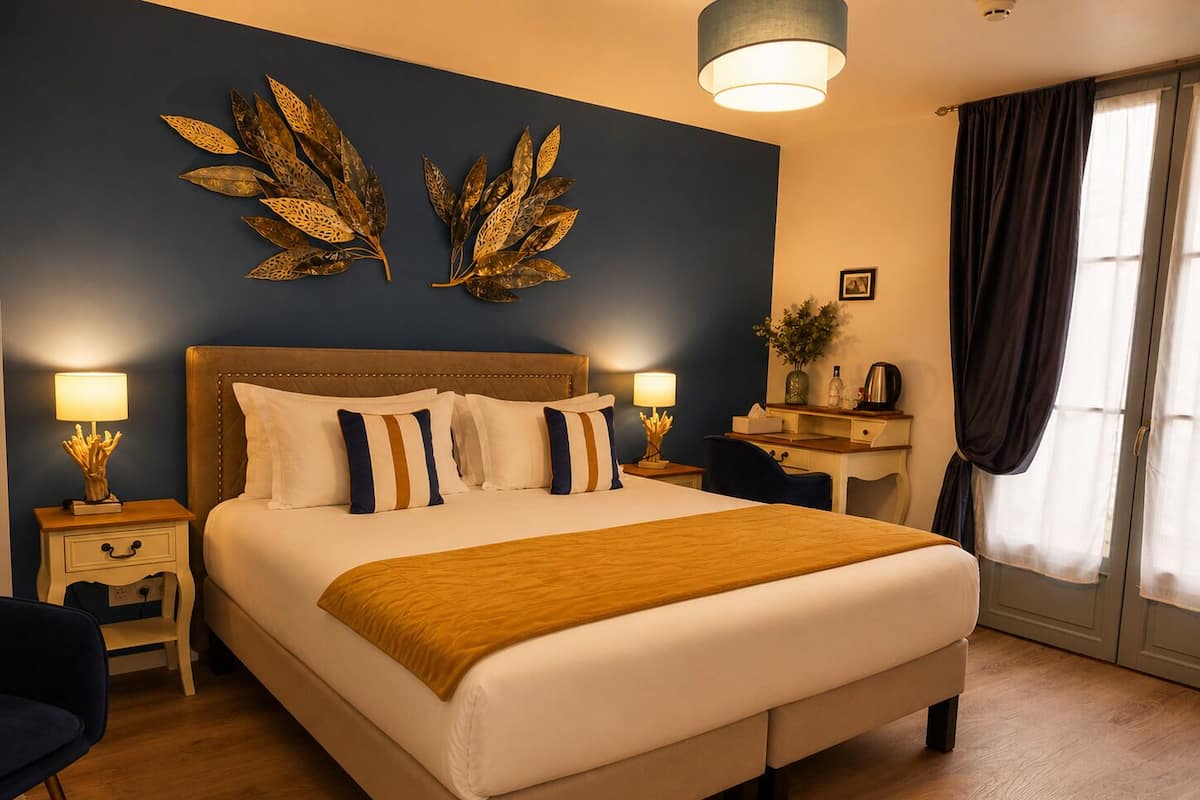 Une chambre d’hôtel avec un grand lit, deux tables de chevet, un bureau, une chaise, une lampe, une plante et une fenêtre avec des rideaux.