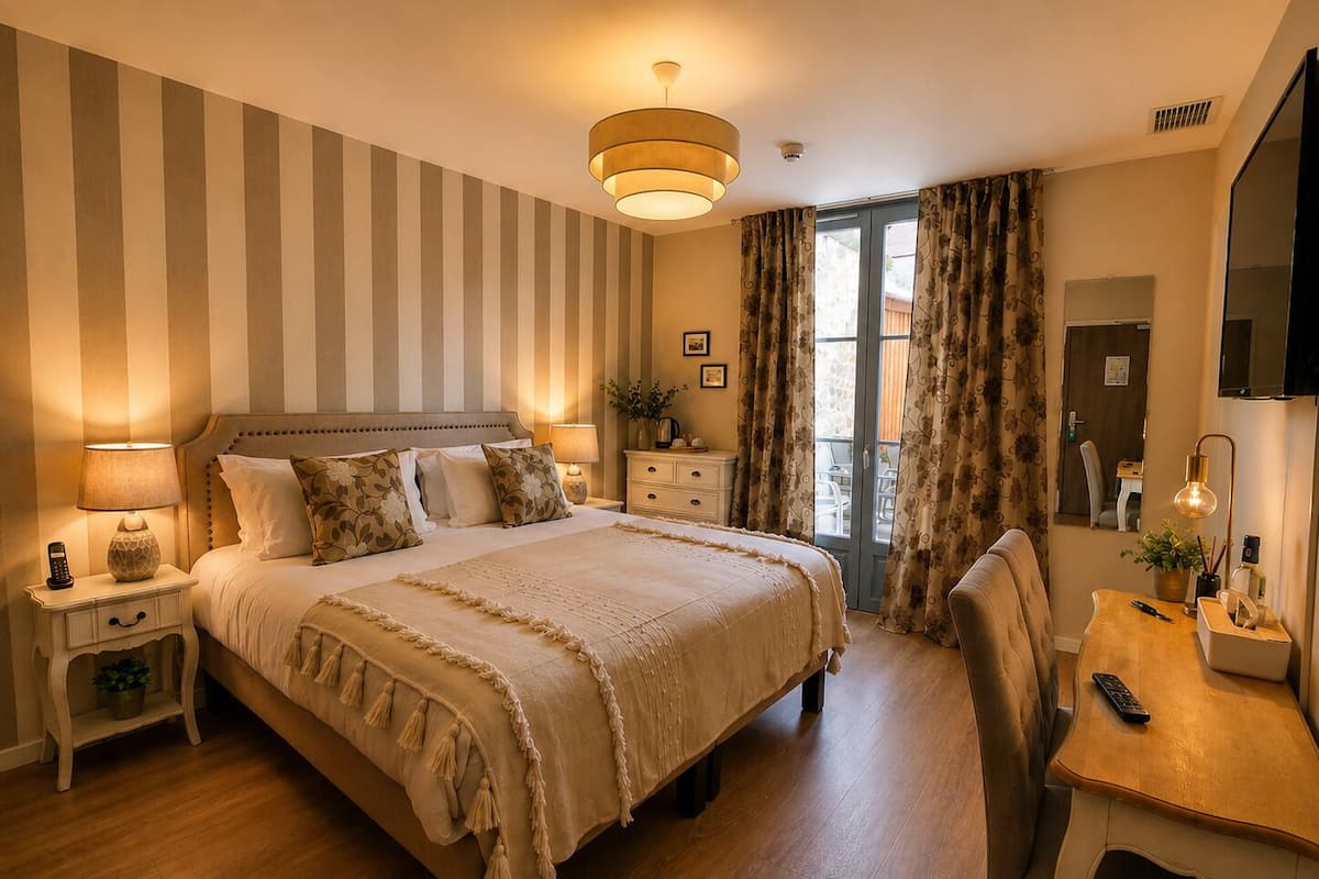Une chambre d’hôtel avec un grand lit, des tables de chevet, un bureau avec une chaise, une télévision et un balcon avec des rideaux.
