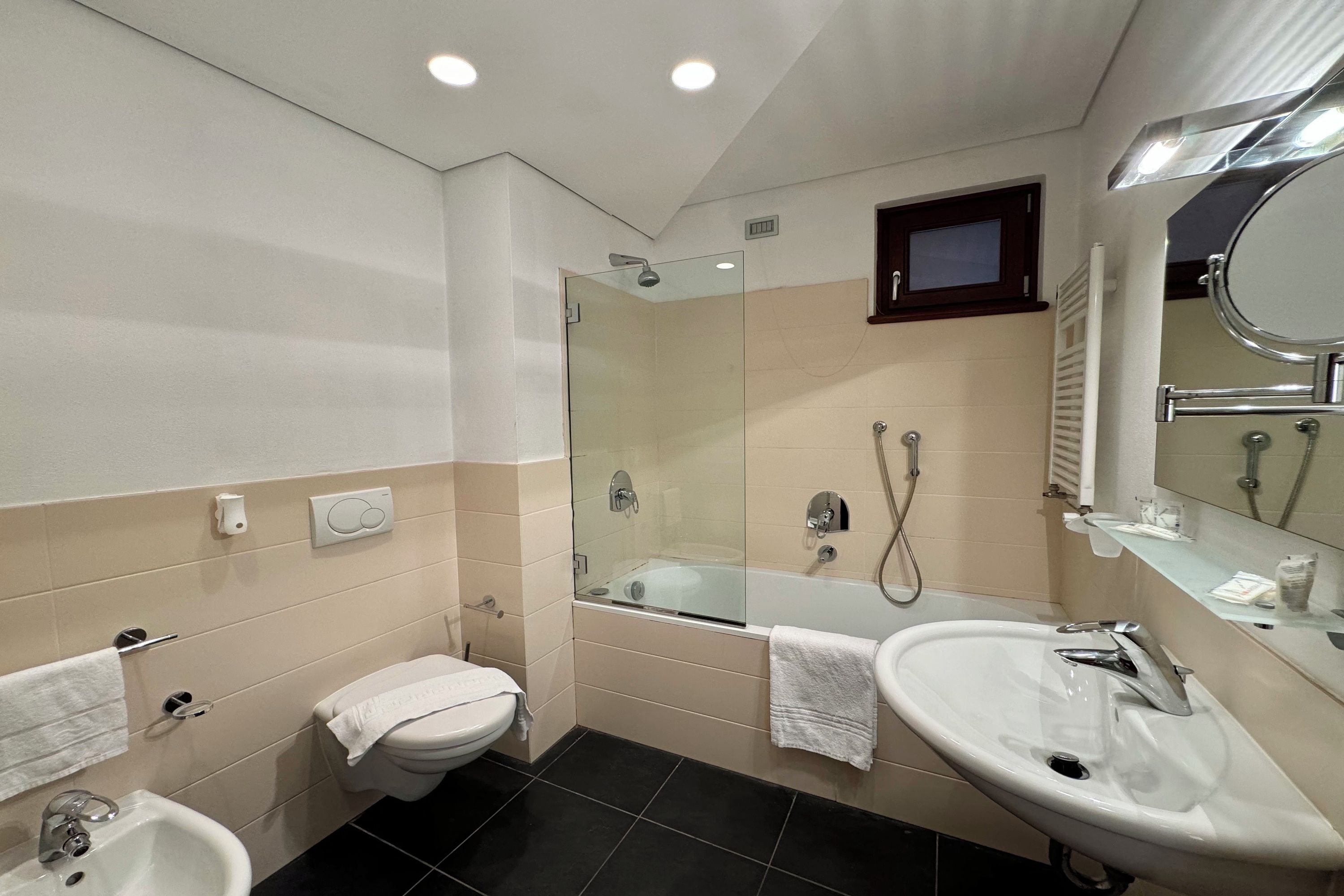 A modern bathroom with a glass-enclosed shower, a bathtub, a sink, and a toilet.