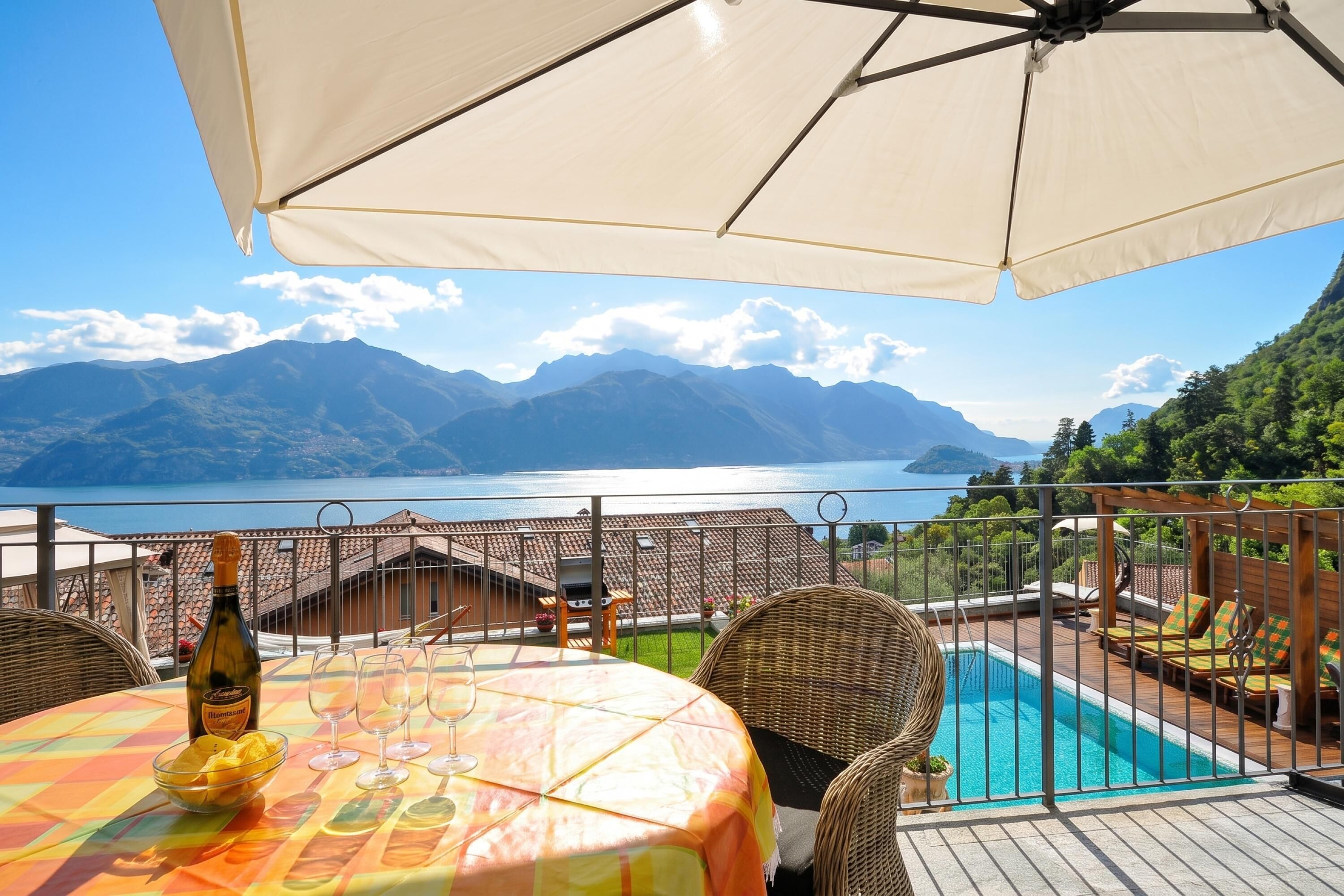 Une terrasse avec une table dressée pour le dîner, offrant une vue sur un paysage montagneux et un lac.