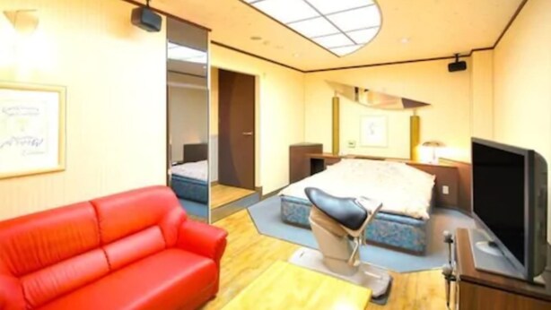 Ein Hotelzimmer mit einem roten Sofa, einem Bett mit Kopfteil, einem Fernseher und einem Dachfenster.