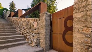 A stone staircase leading to a wooden gate with a circular design.