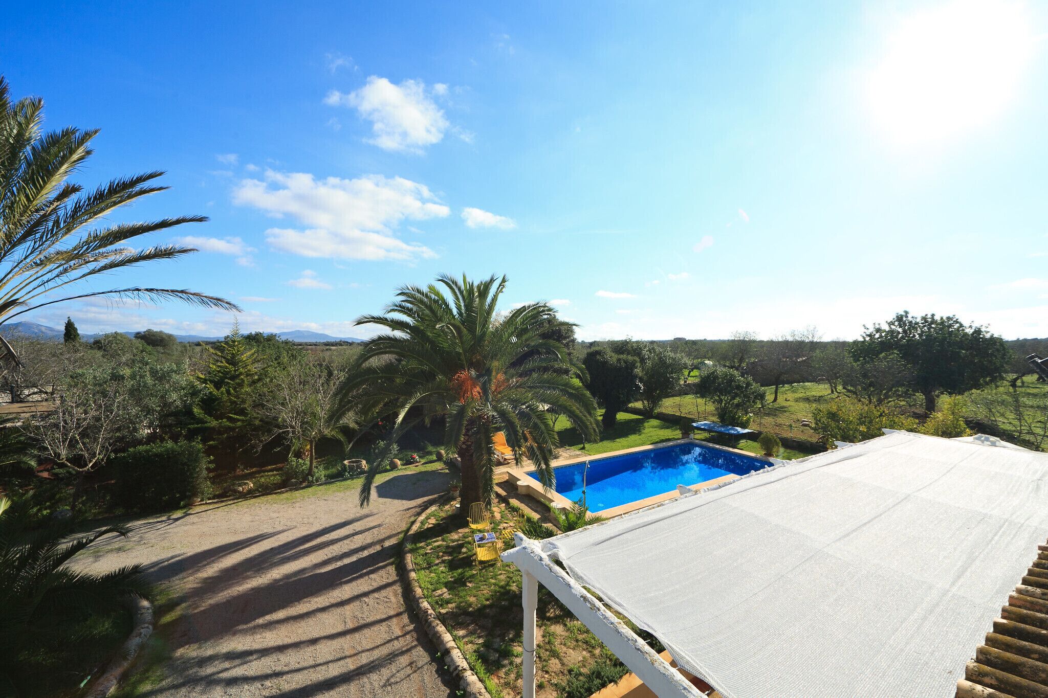 A pool area with a clear view of the surrounding landscape, including palm trees and distant hills.