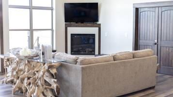 Smart TV, fireplace, video games, DVD player