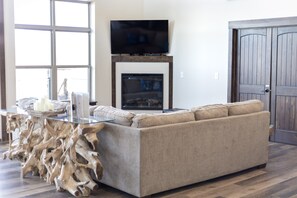 Smart TV, fireplace, video games, DVD player