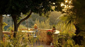 A patio with a table and chairs, surrounded by potted plants and a view of the landscape. - Villa Clio (Stalos)