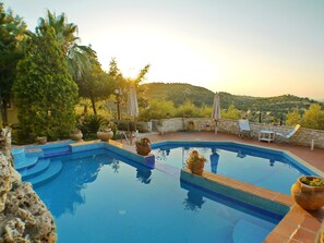 Piscina com muro de pedra, espreguiçadeiras e plantas em vasos.