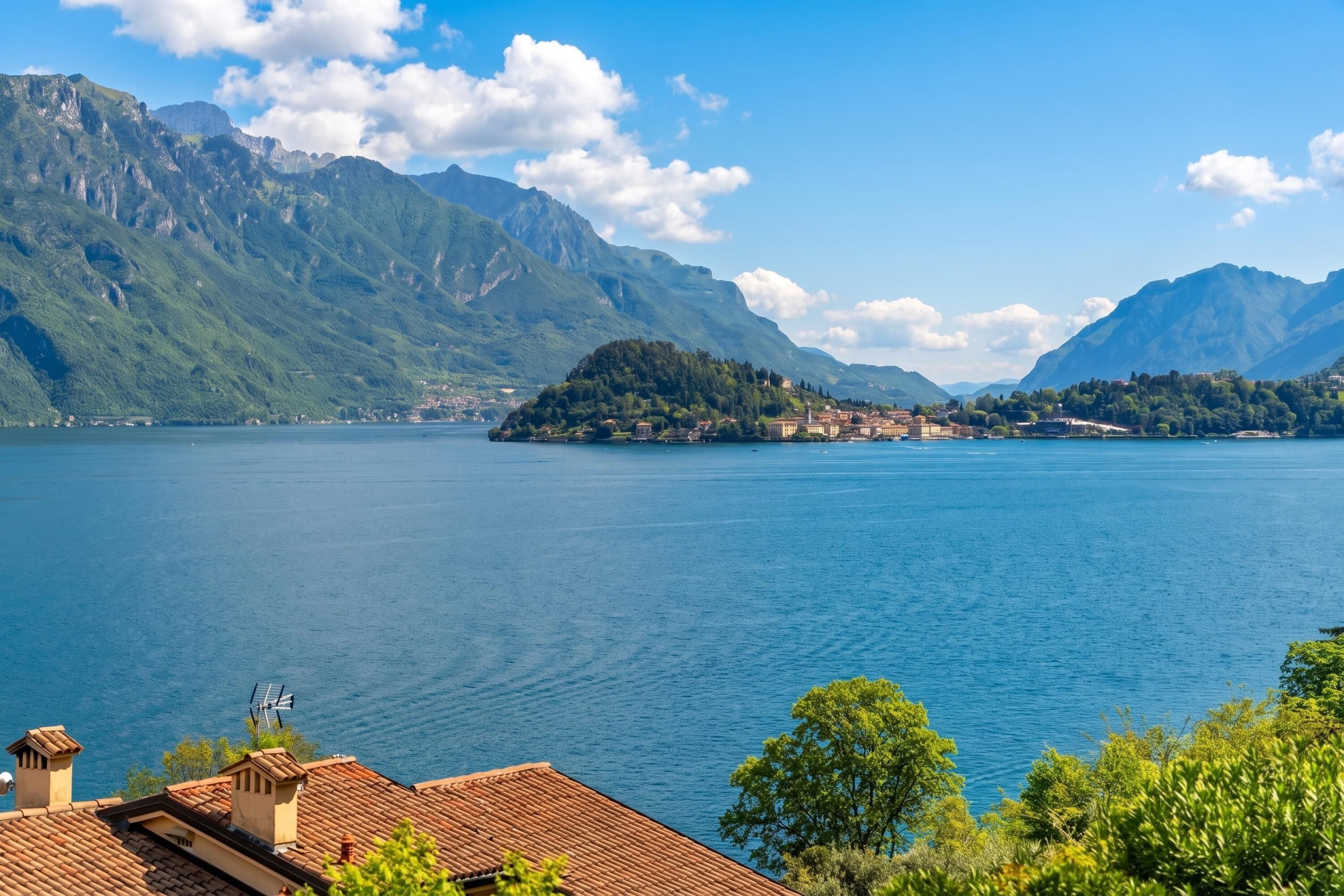 Un lago con montañas, una pequeña isla y un edificio de techo rojo.