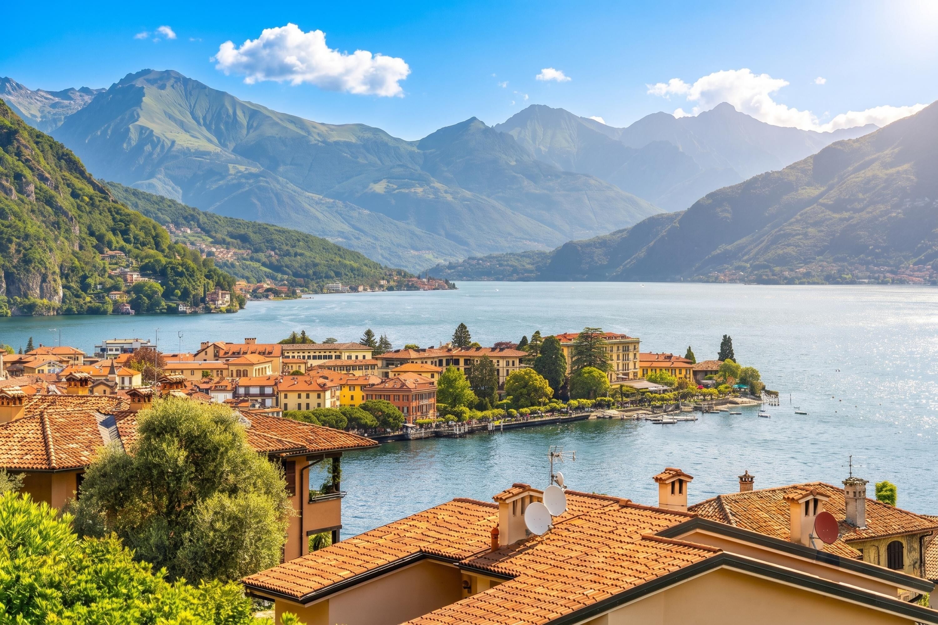 A lakeside town with terracotta-roofed buildings, a marina, and mountains in the background.