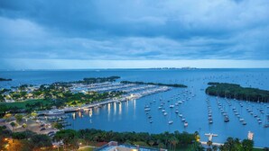 Un puerto deportivo con numerosos barcos amarrados, rodeado de vegetación y un paisaje urbano al fondo.