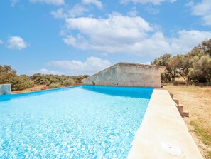Une piscine d’un bleu éclatant, bordée d’un mur de pierre et accessible par des marches, est entourée d’herbe sèche et d’arbres.