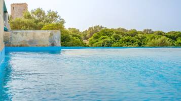 A swimming pool with a stone wall and greenery in the background.