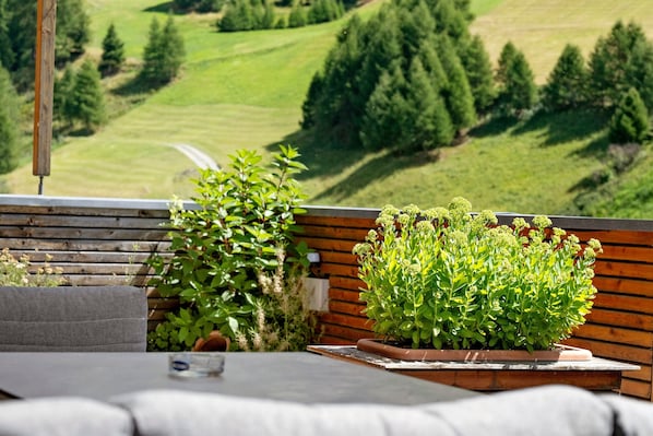 A patio with a view of a green landscape, a wooden fence, and a potted plant.