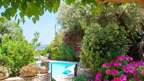 Un jardin avec une piscine, des murs en pierre et diverses plantes.
