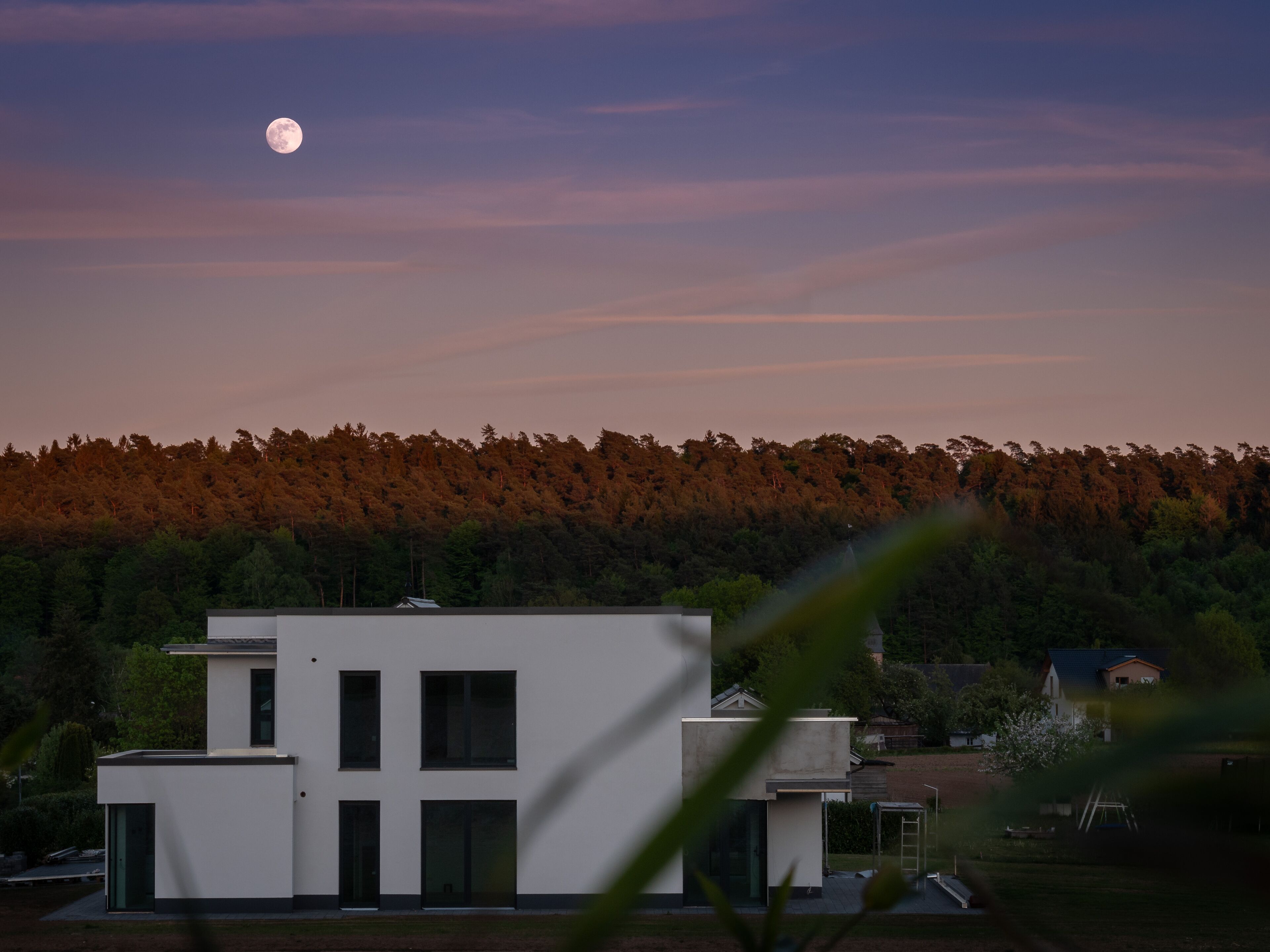 A modern building with a flat roof and large windows, surrounded by a forested area.