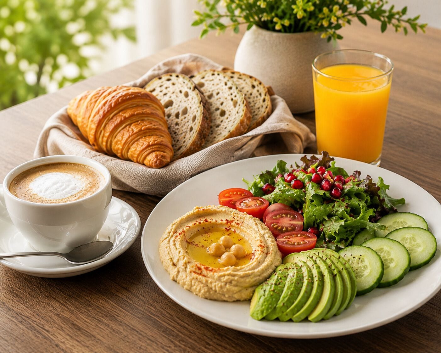 Desayuno con croissants, un vaso de jugo de naranja, una ensalada, aguacate en rodajas y una taza de café.