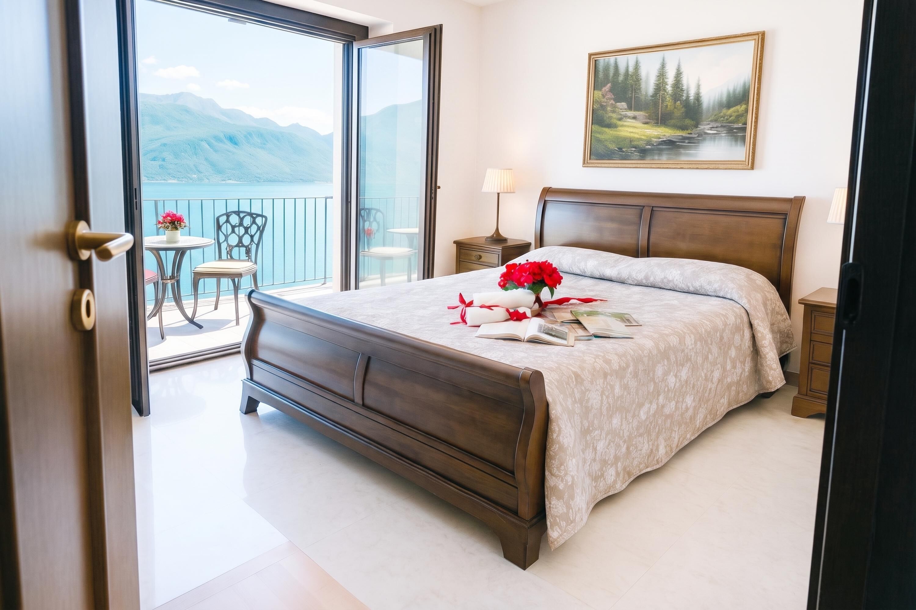 A bedroom with a bed, a nightstand, a lamp, a chair, and a balcony with a view of mountains.