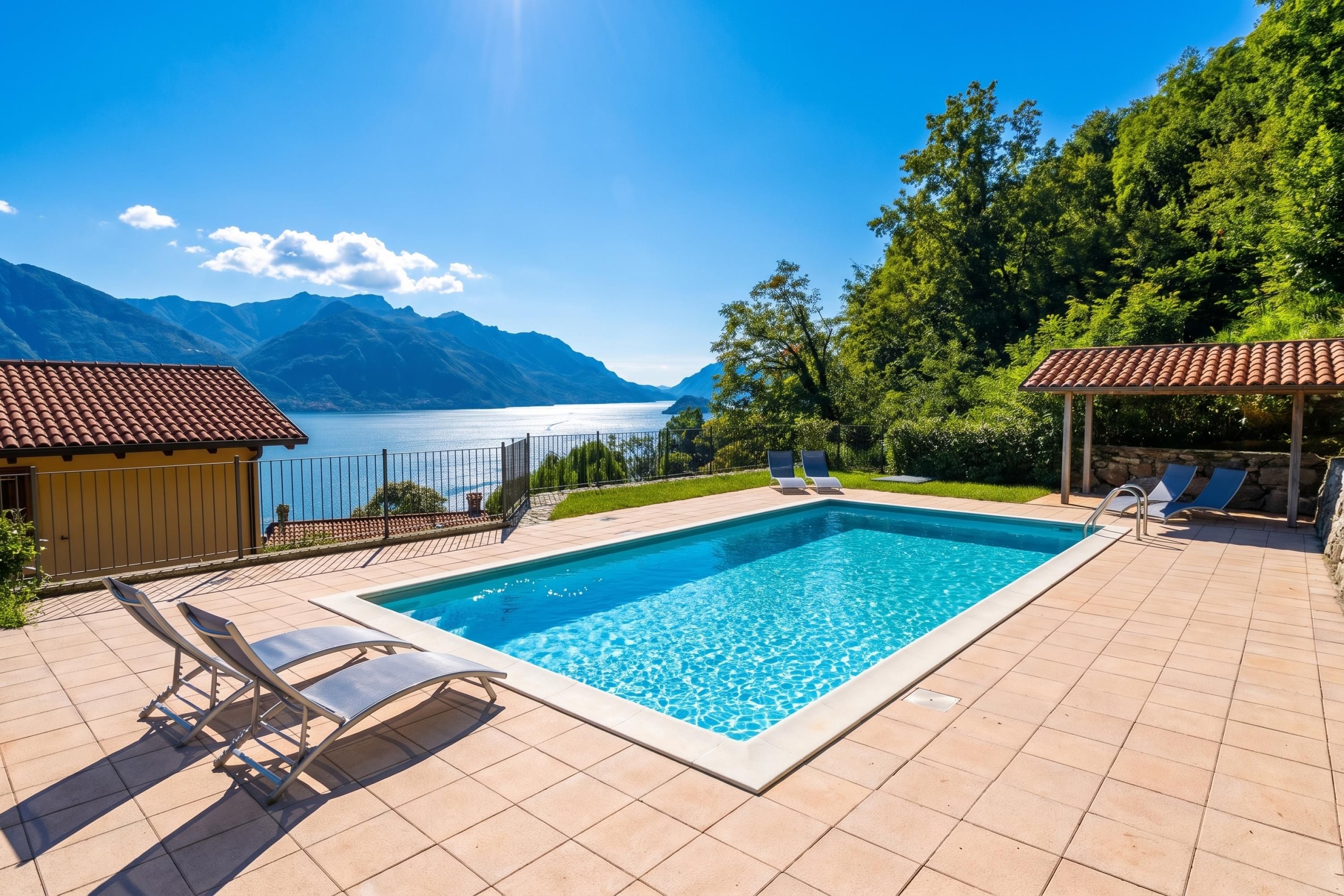 A swimming pool with lounge chairs, a view of the lake, and mountains in the background.