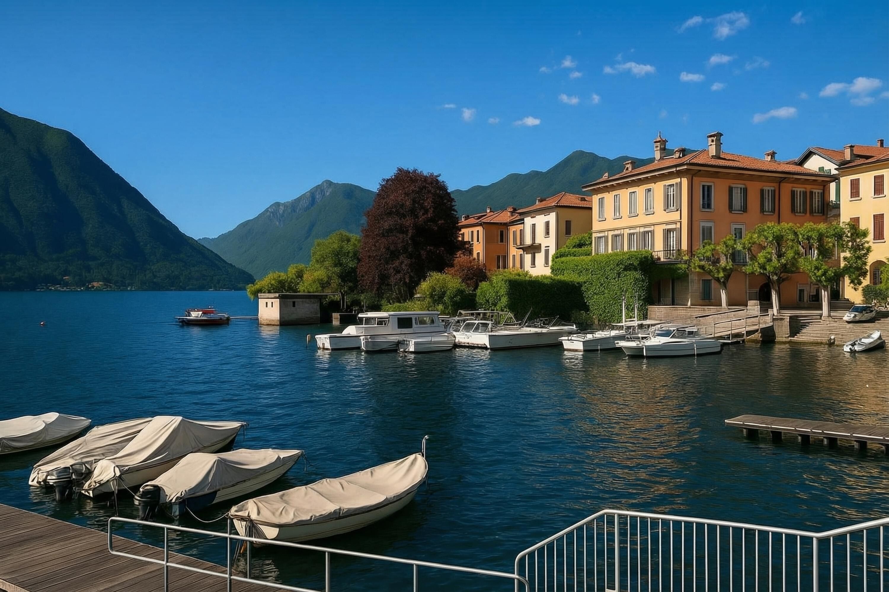 Une jetée au bord du lac avec des bateaux, une plateforme en bois et des bâtiments dotés de balcons.