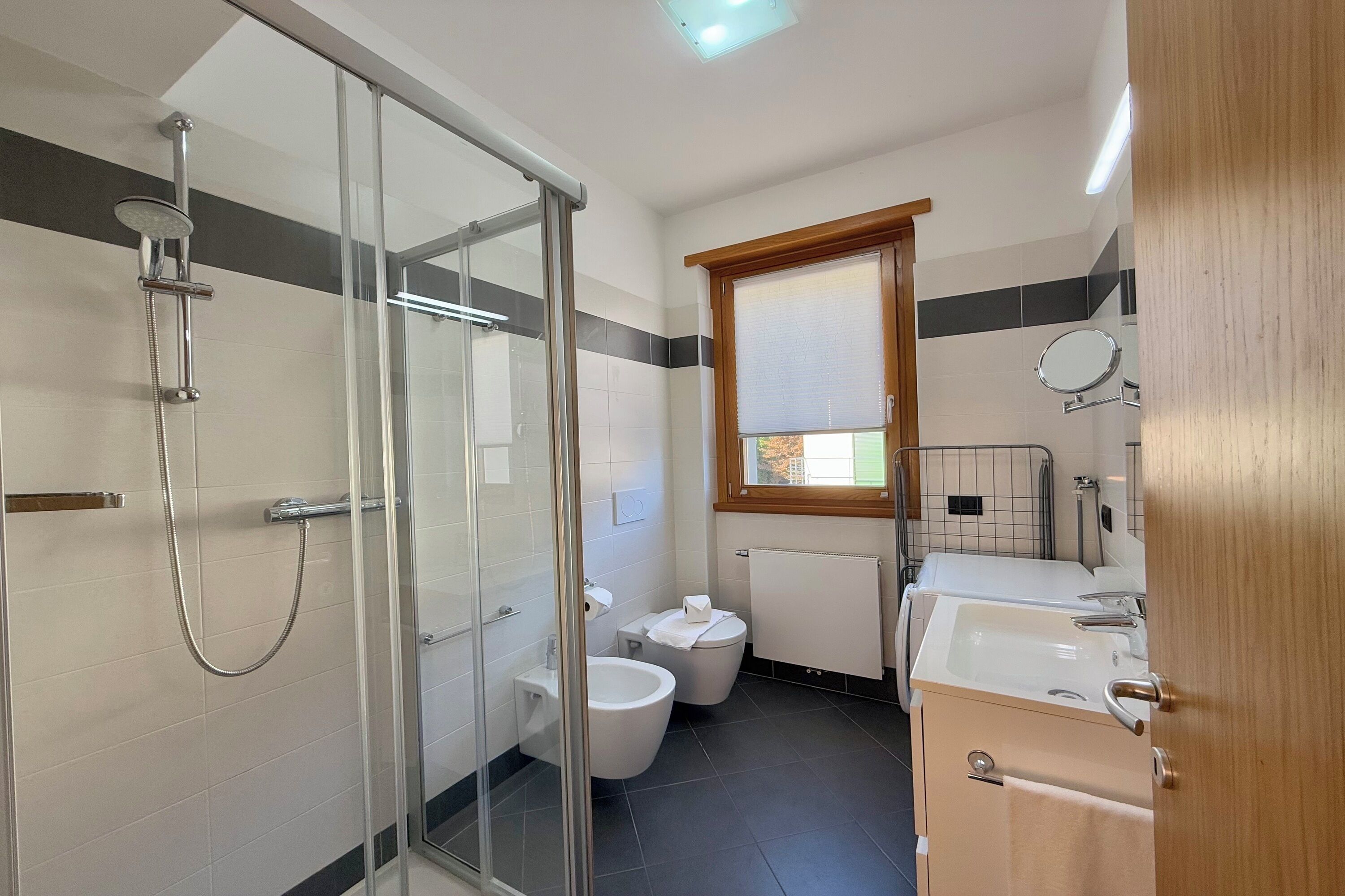 A modern bathroom with a glass shower enclosure, a toilet, and a sink.
