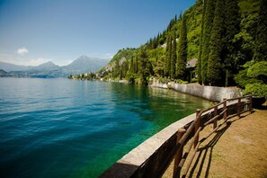 A lakeside view with a wooden deck and stone railing, surrounded by lush greenery and mountains in the background. - Riva Bellano Orchidea 3 (Bellano)