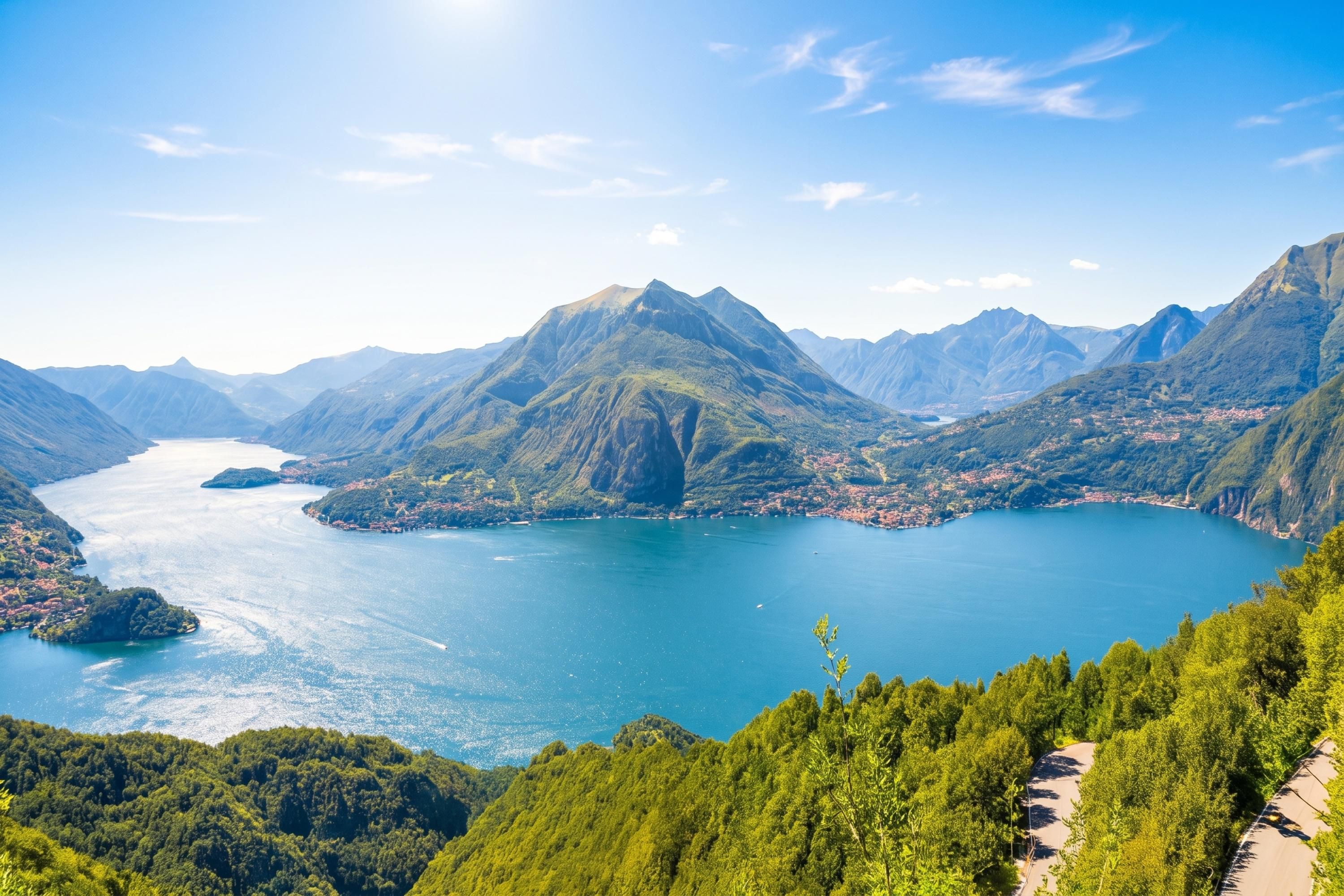 A mountainous landscape with a lake and a road.