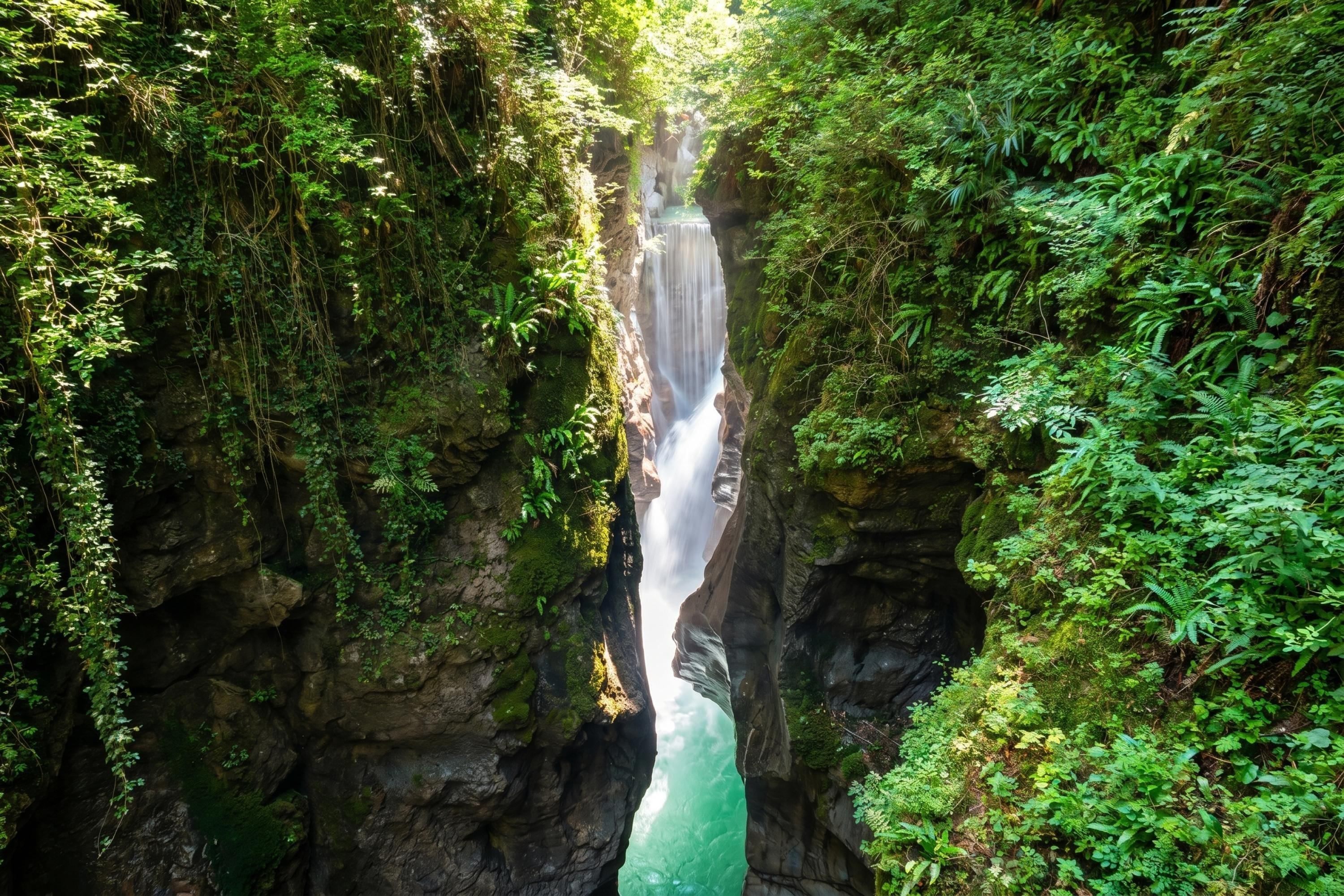 Une cascade dans un défilé rocheux, entourée d’une végétation luxuriante.