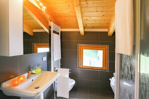 Une salle de bain avec un plafond en bois, un lavabo avec un miroir, une fenêtre et des toilettes.