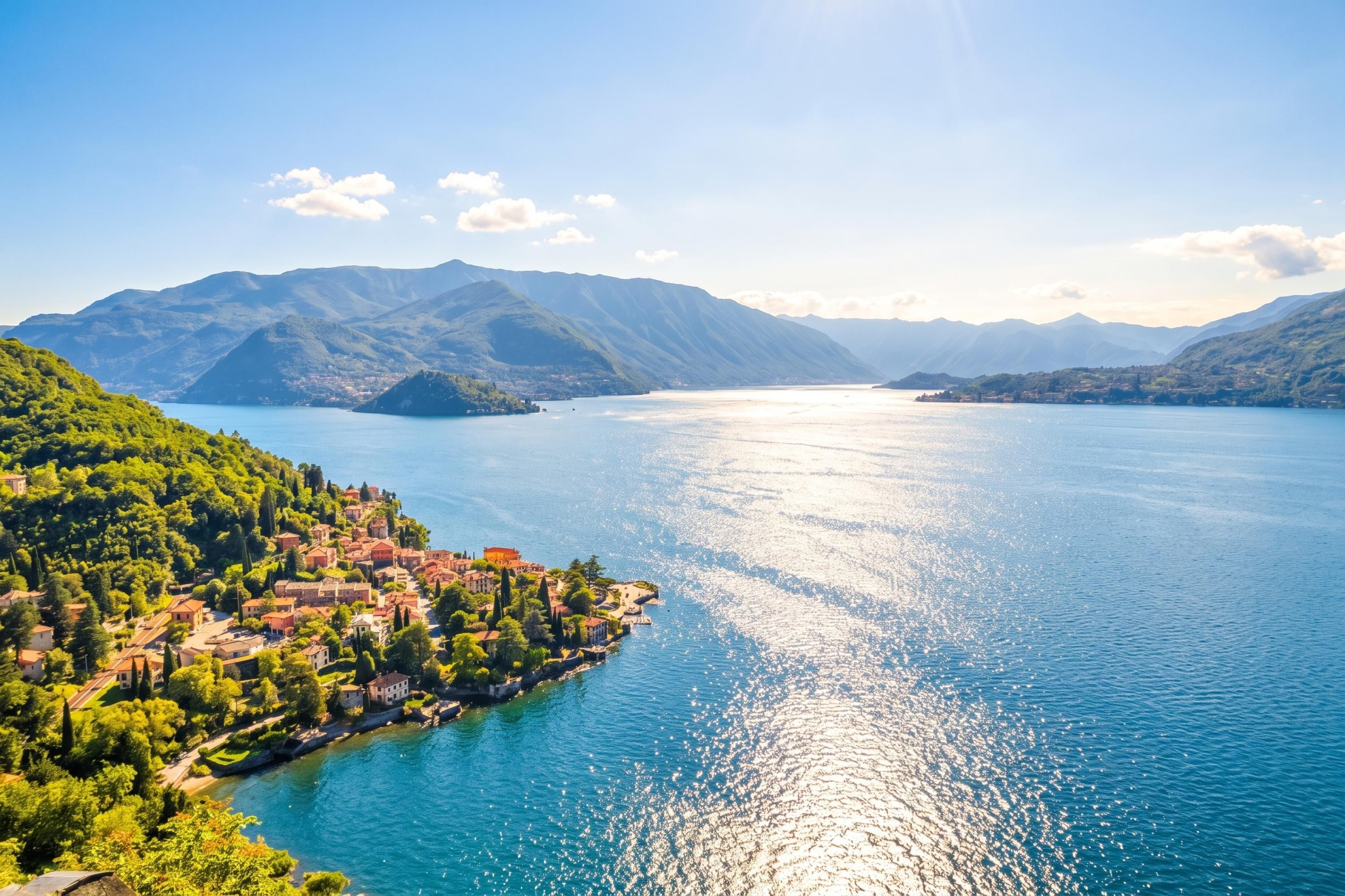 A lake surrounded by mountains with a town on the shore.