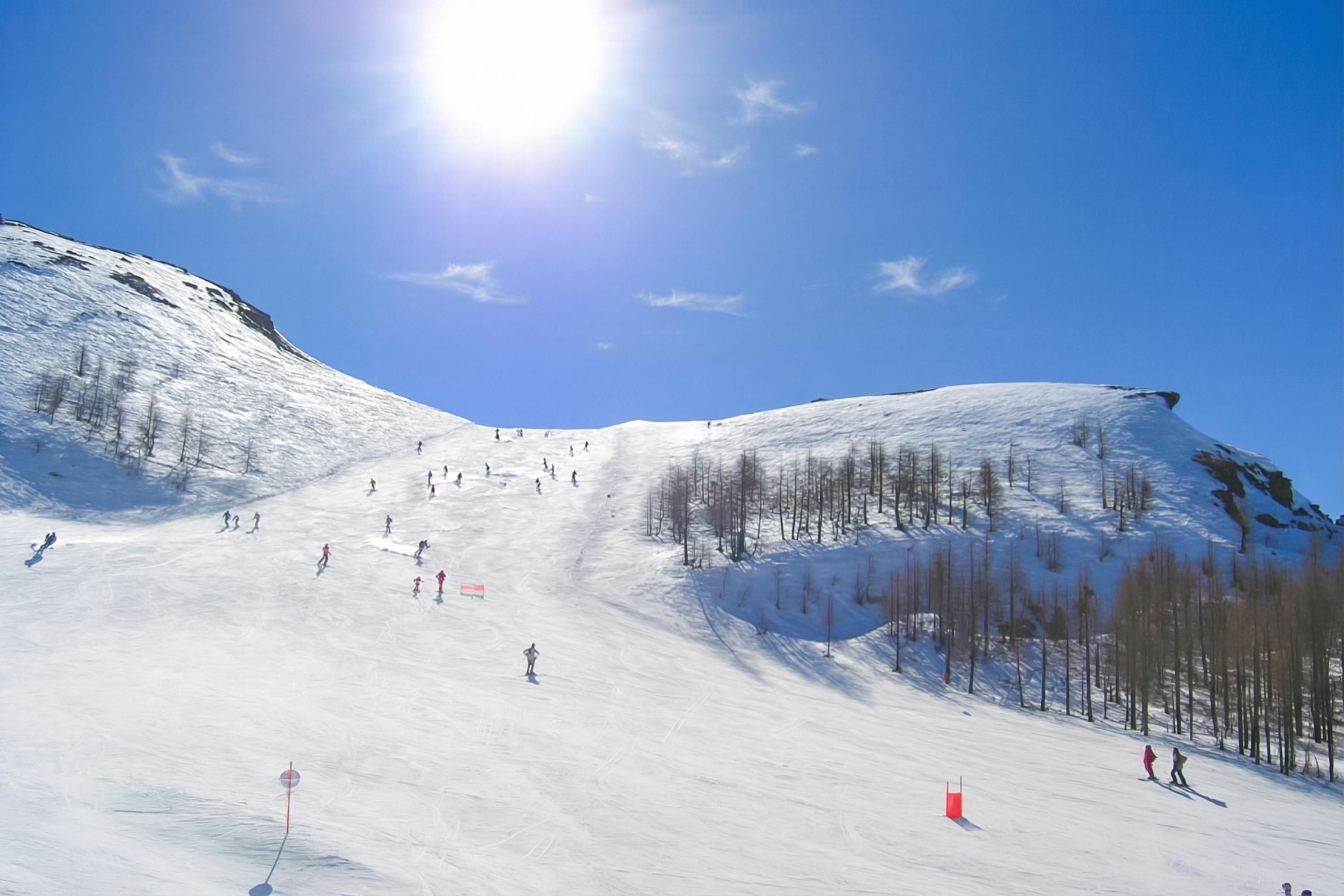 A snowy ski slope with skiers, trees, and a clear sky.