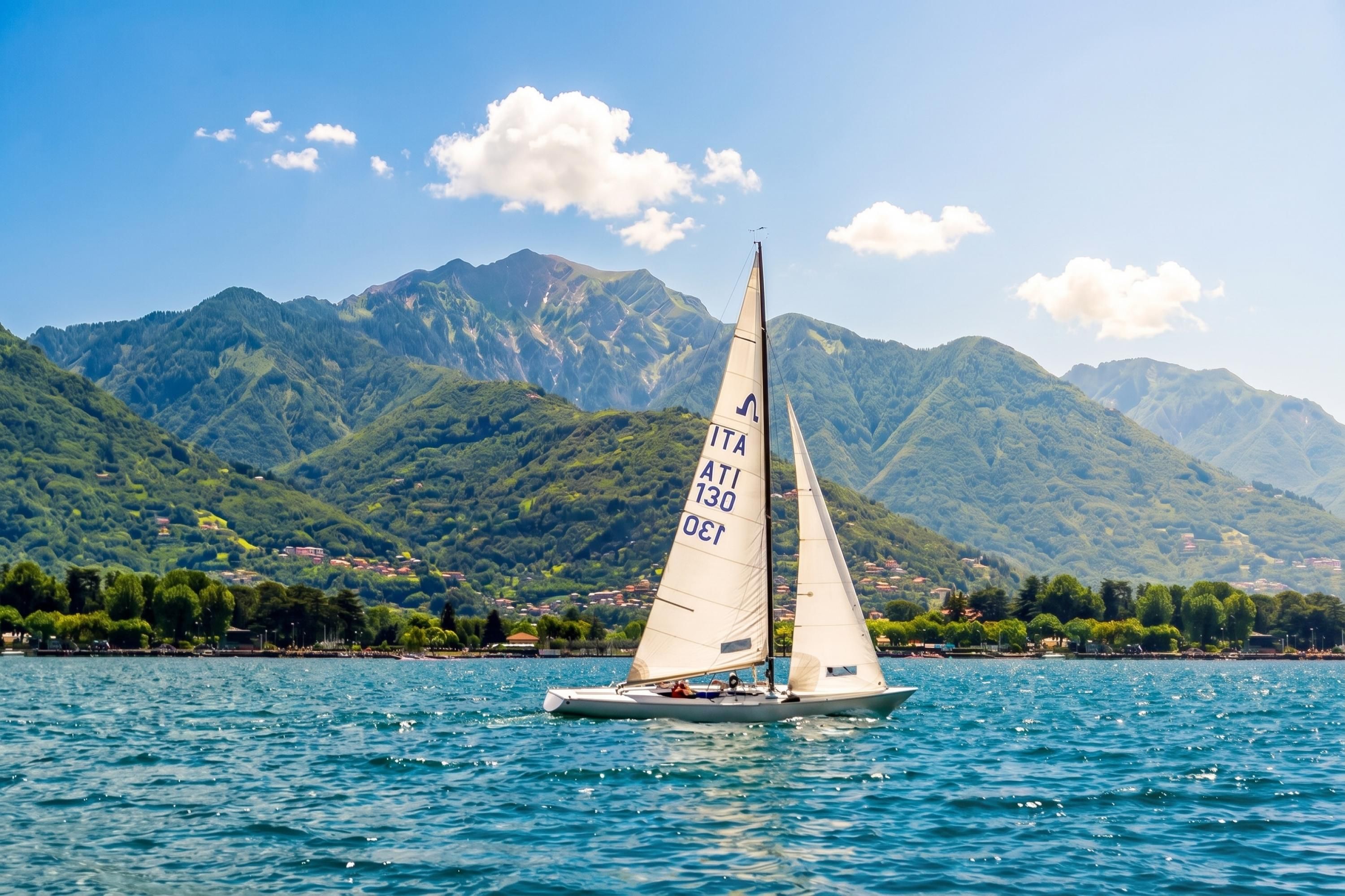 A sailboat on a lake with mountains in the background.