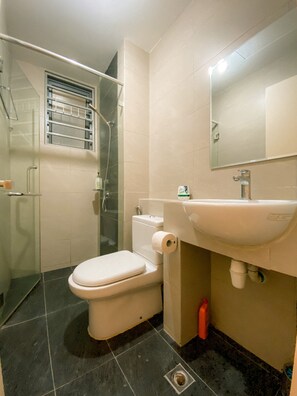 Hair dryer, towels, soap, shampoo