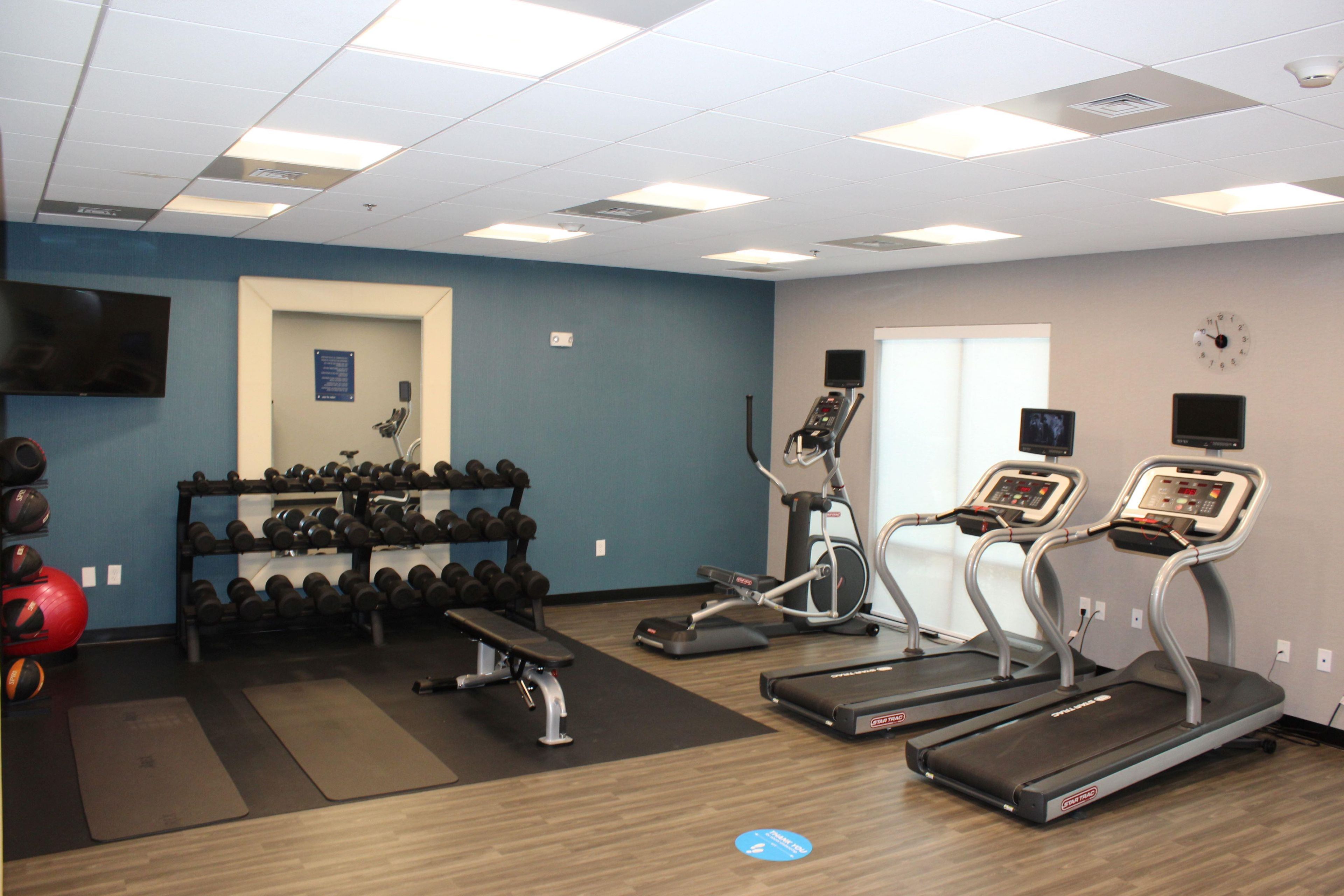 A gym with treadmills, a bench, dumbbells, and a TV.