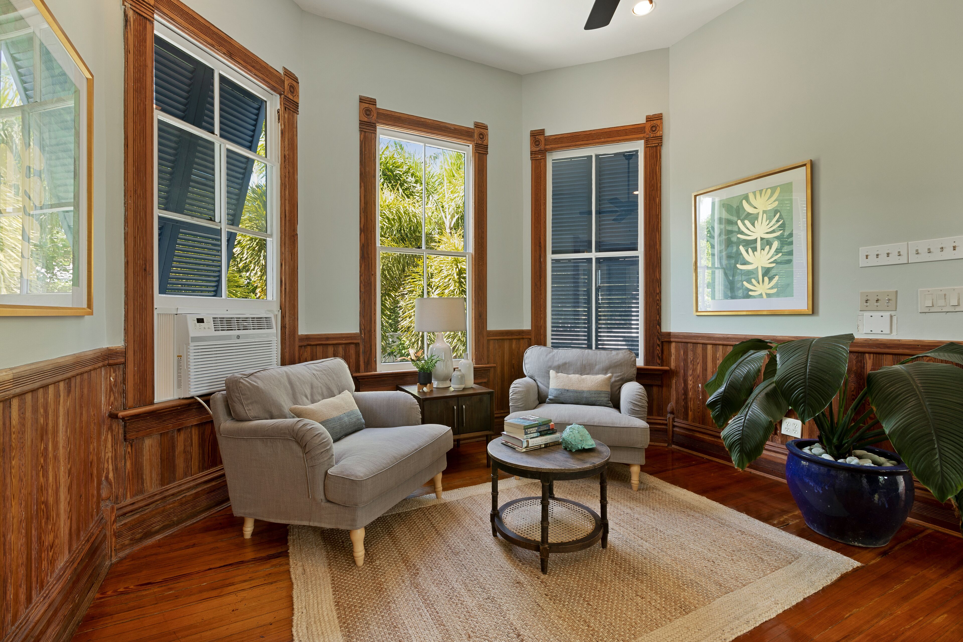 A living room with two sofas, a coffee table, and a large potted plant.