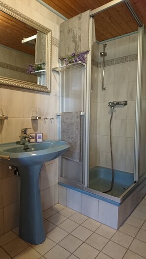 Shower, hair dryer, towels - Thatched roof vacation apartment De Leev - Country house Lübbertsfehn in the middle of East Frisia (Ihlow)