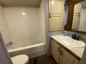 Combined shower/tub, towels, toilet paper