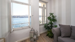 Una habitación con vista al agua, una planta y un sofá.