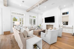 Flat-screen TV, fireplace