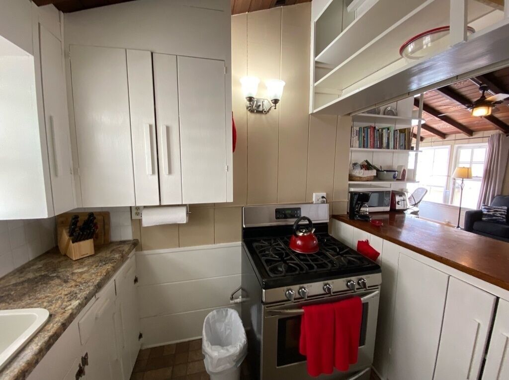 Een keuken met witte kastjes, een fornuis, een prullenbak en een aanrecht.