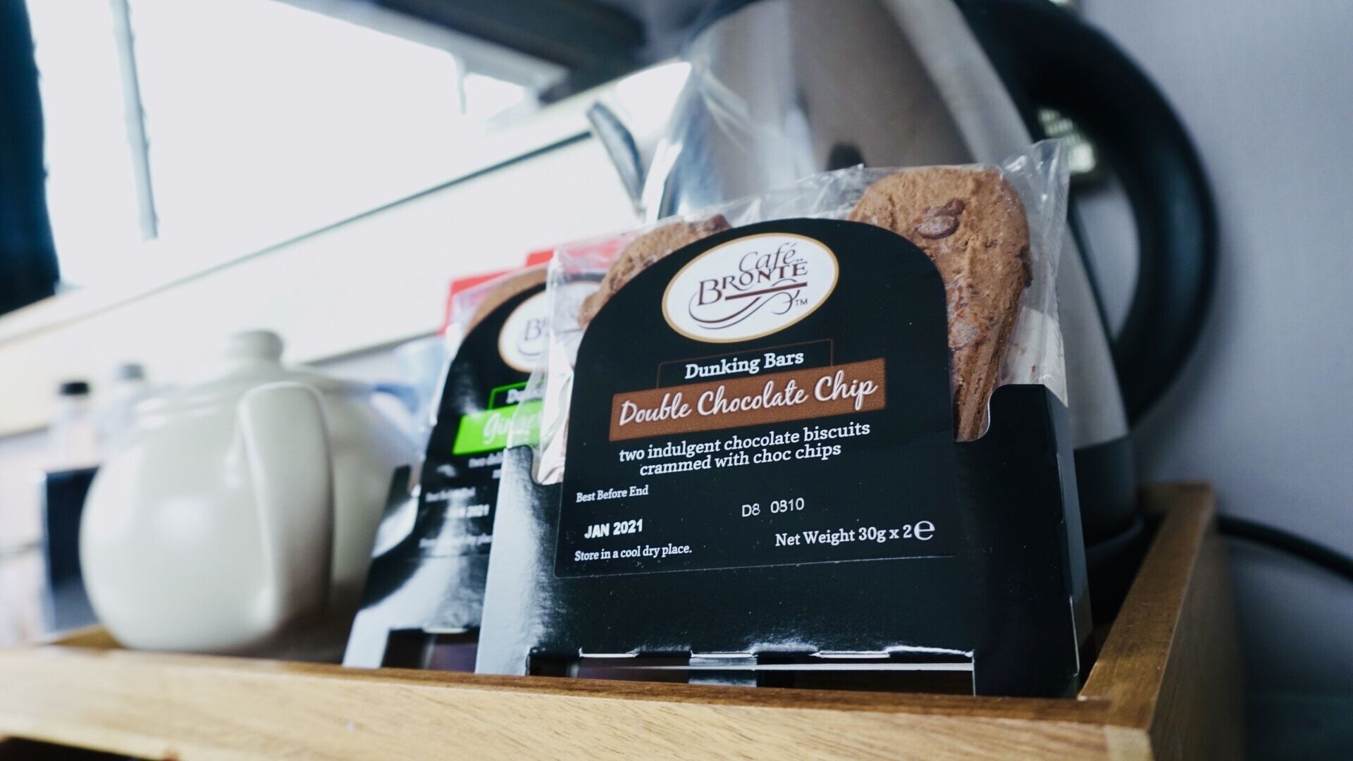 A display of Dunking Bars Double Chocolate Chip cookies in a store.