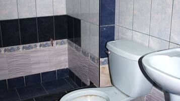 Buồng tắm vòi sen, khăn tắm, xà phòng, dầu gội