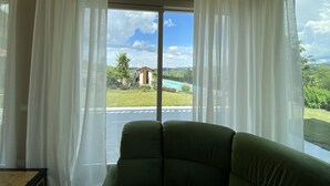 A room with a large window, a green sofa, and a view of a swimming pool and greenery outside.