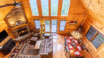 Smart TV, fireplace, foosball, books